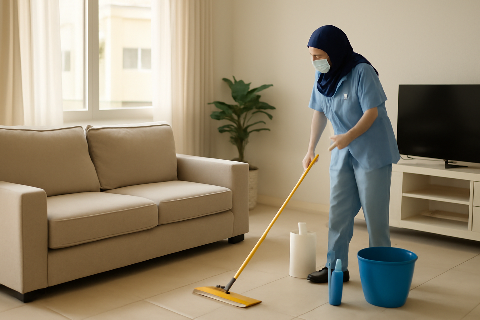 مشهد توضيحي لغرفة معيشة في بيت بالرياض، فيها أدوات تنظيف مرتبة وعاملة بتنضف الأرضية بإضاءة نهارية؛ من غير شعارات أو كتابة.